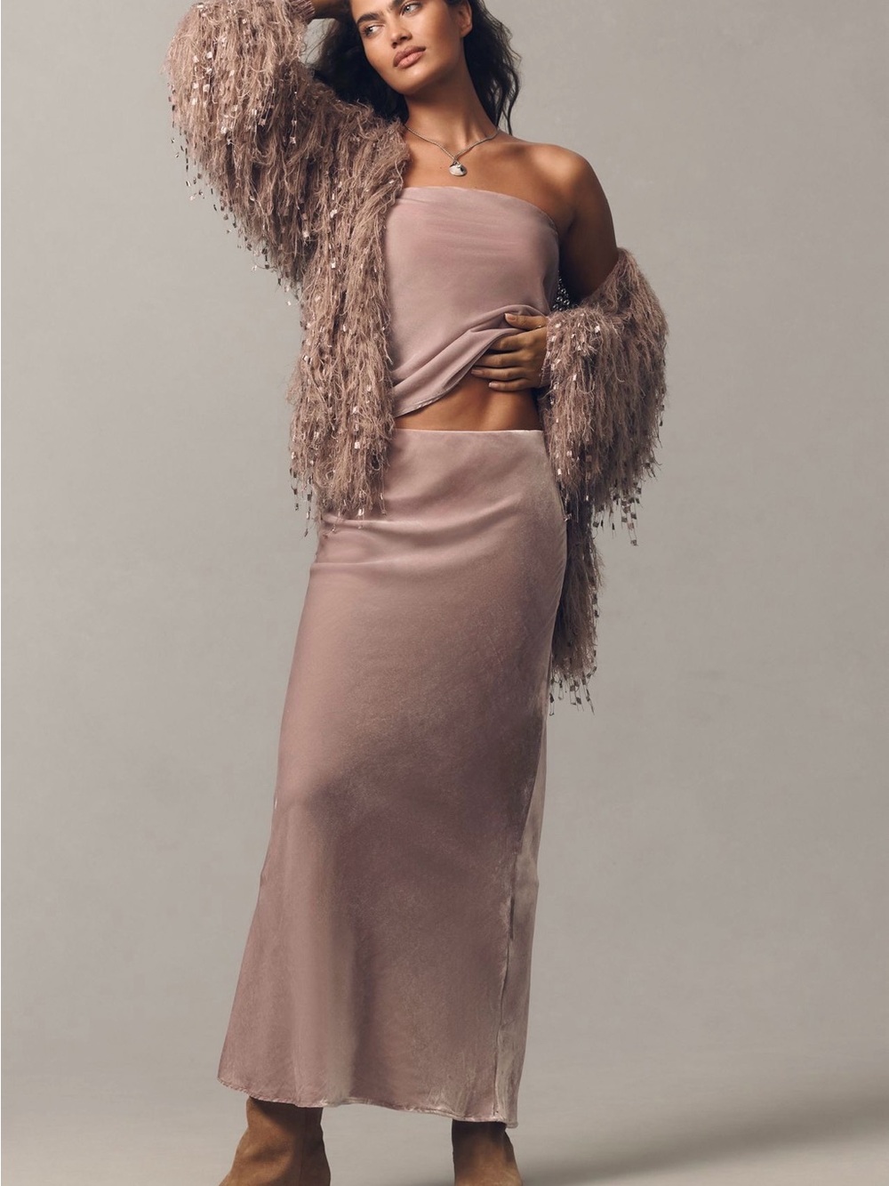 Anthropologie NWT Tilda Lavender Velvet Maxi Skirt and Top Set Size XS/S*